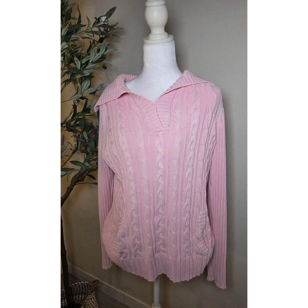 Liz & Co. Pink Cable Knit Cotton Collared Sweater XL Preppy Coastal Y2k